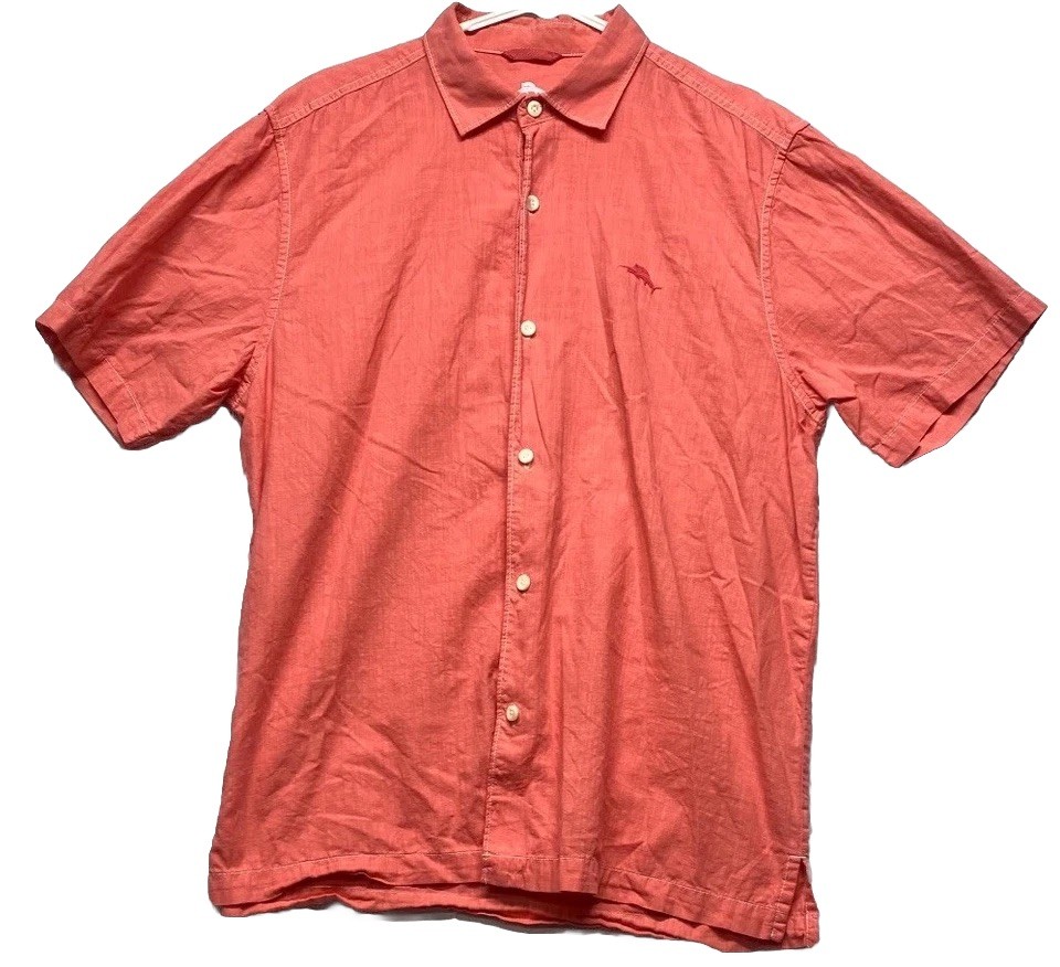 Tommy Bahama Shirt Mens Large Coral Cotton Side Slit Marlin Pleated Button Up