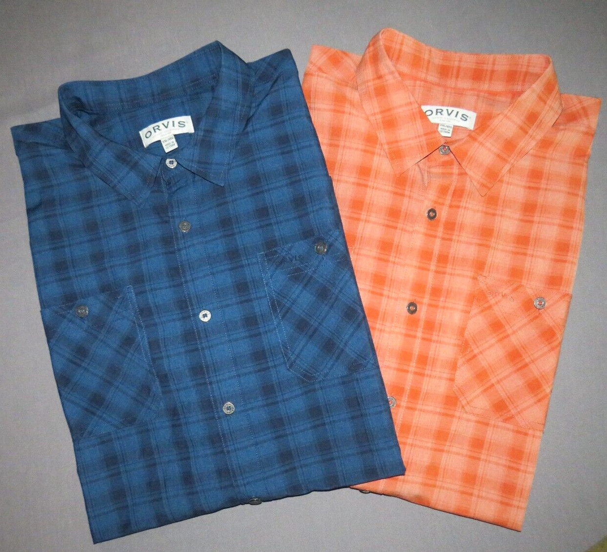 Lot of 2~ ORVIS 100% Polyester Short Sleeved Plaid Button Up Shirts Men’s XXL