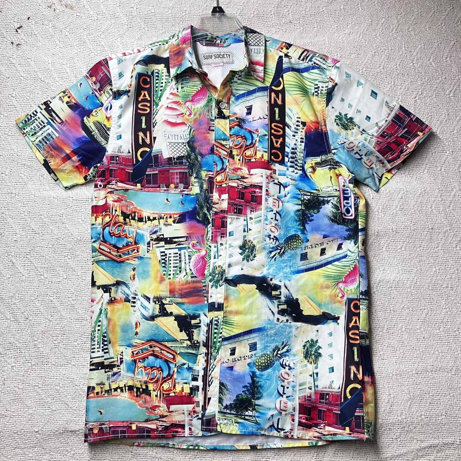 Miami Beach Casino Print Surf Society Button Up Shirt Mens Sz L Tropical Breezy