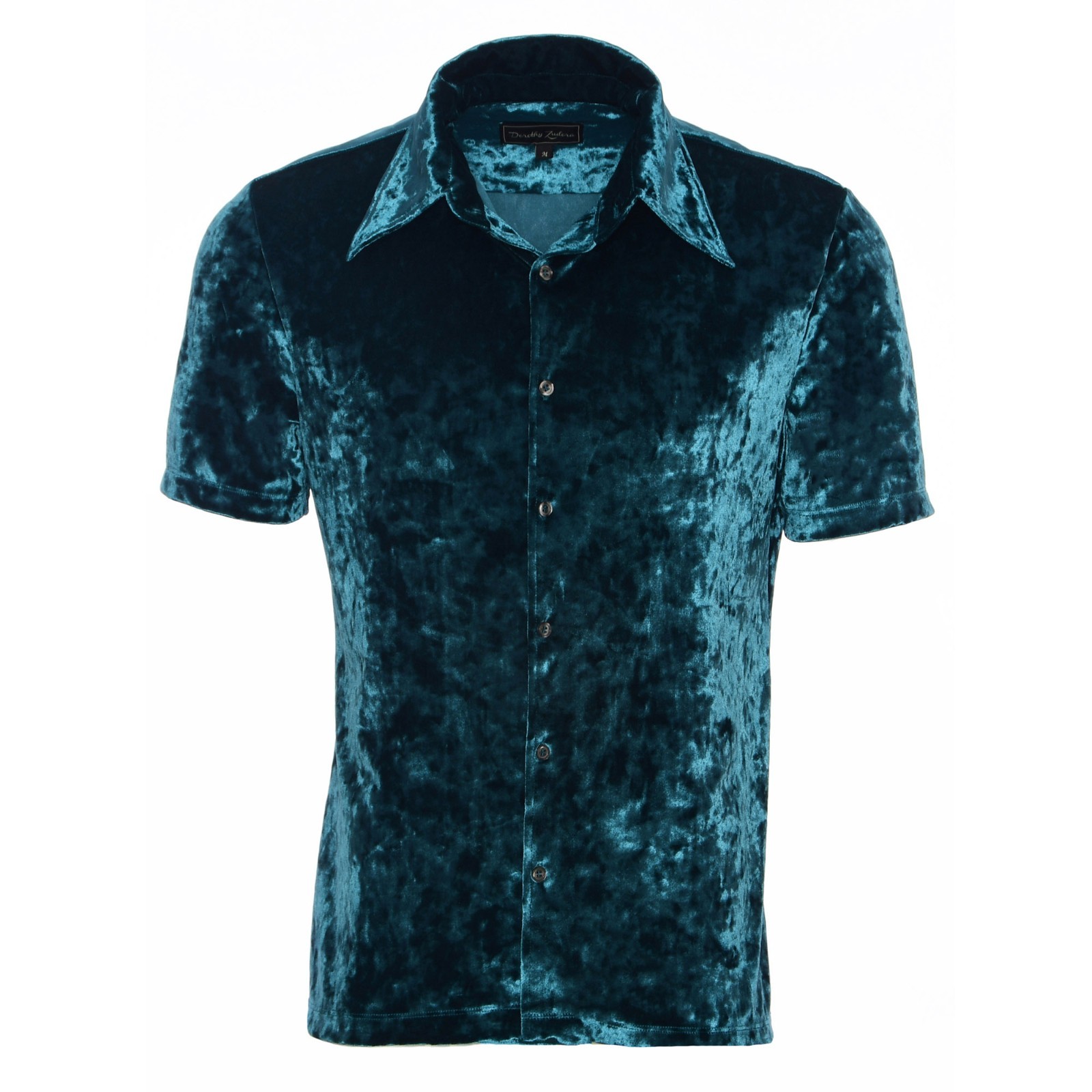 Men’s Peacock Blue Velvet Shirt 70s Disco Collar Camp Short Sleeve Shirt