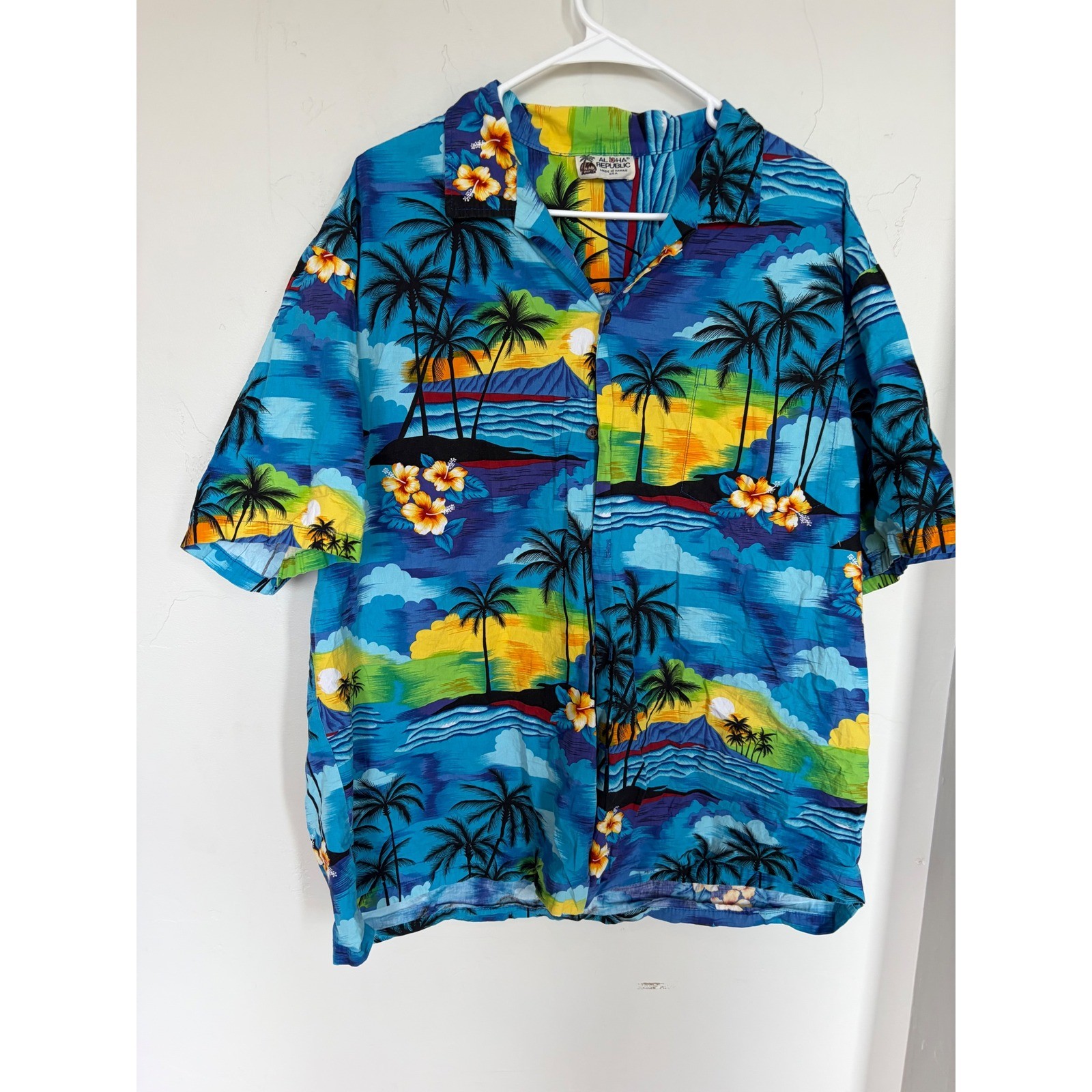 Aloha Republic Mens Hawaiian Shirt Blue Tropical Palm Tree Sunset Cotton XL USA