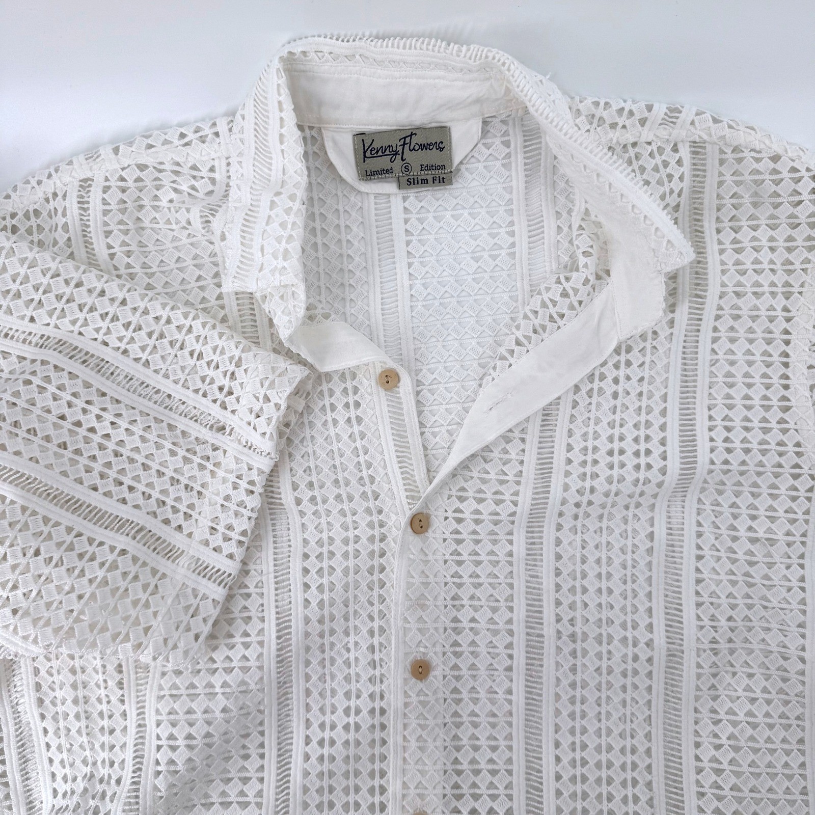 Kenny Flowers Button Down Shirt Small White Lace Crochet Slim Fit Resortwear