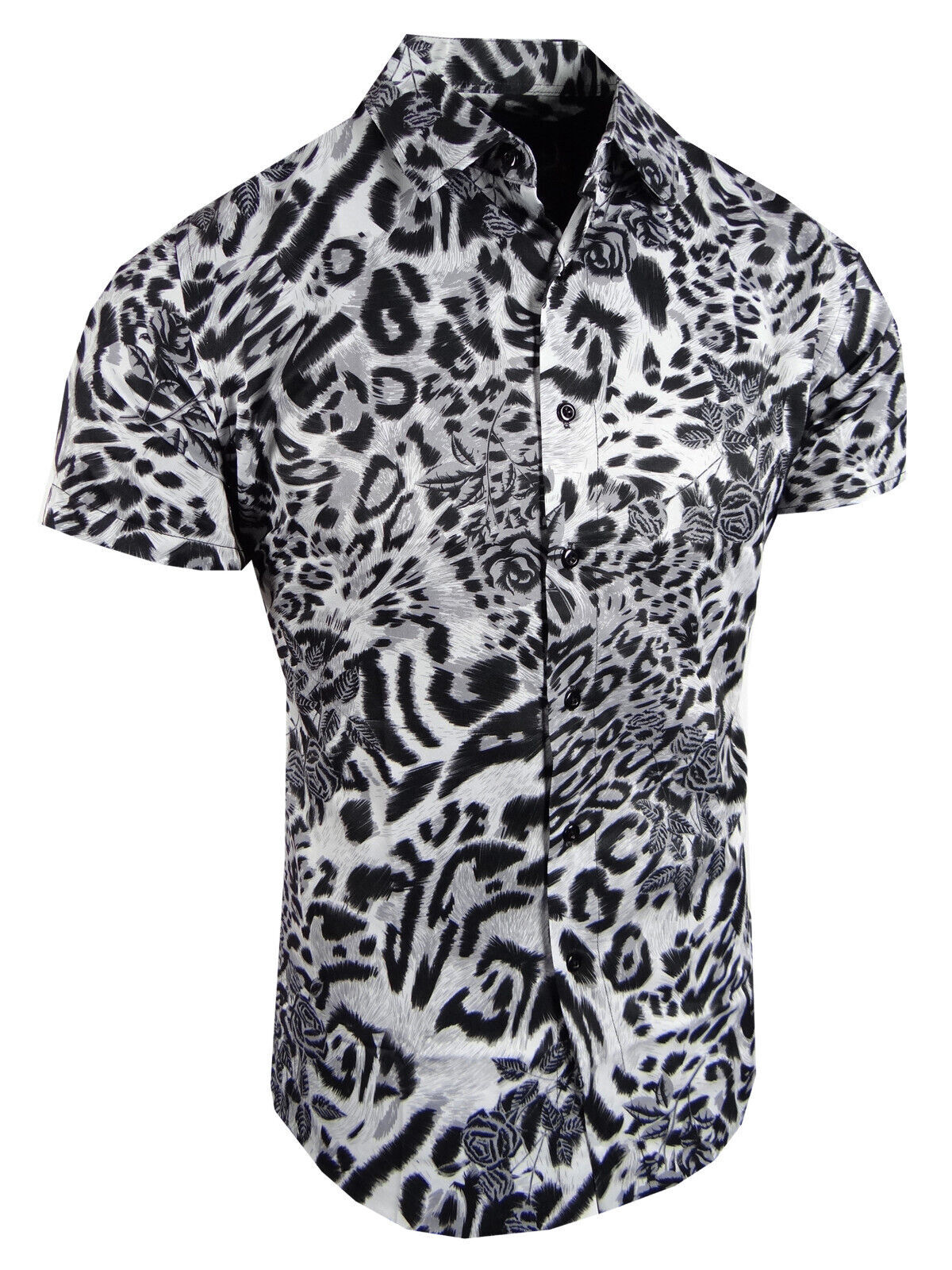 Mens Short Sleeve Shirt Designer Animal Floral Prints Stretch Slim Fit Button Up