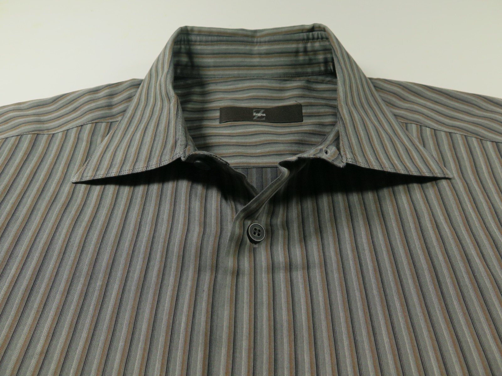 Ermenegildo Zegna City Men Pure Cotton Gray Brown Striped Casual Shirt Large EUC