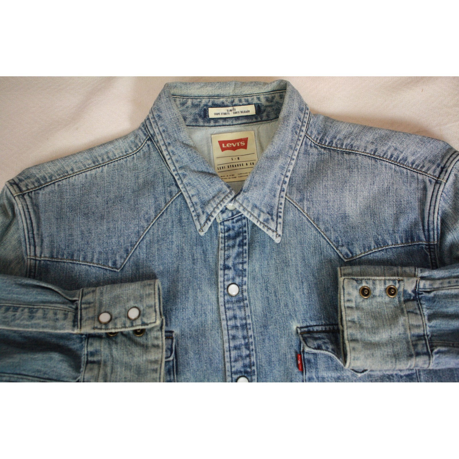 Levis Men Vintage Slim Denim Western Pearl Snap Shirt Light Wash Blue Large L