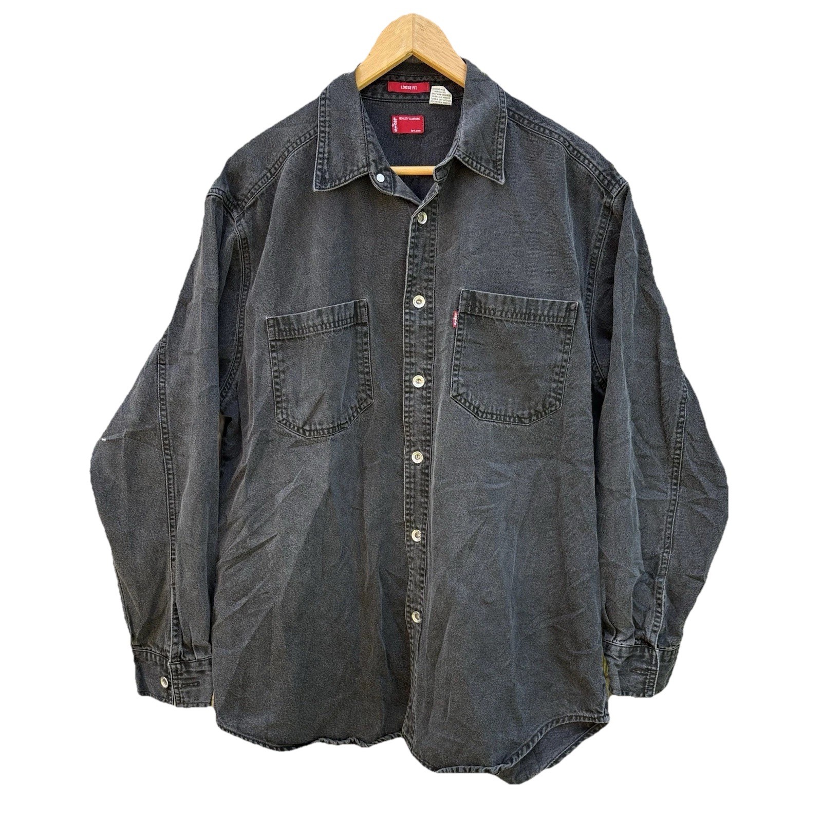 VTG Levis Faded Black Metal Button Down Denim Pocket Shirt Loose Fit Y2K Red Tab