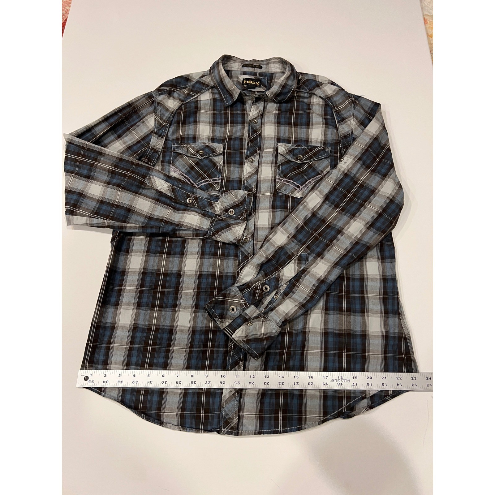 Helix Men XL Blue Black Plaid Western Pearl Snap Shirt Y2K Rocker Distressed