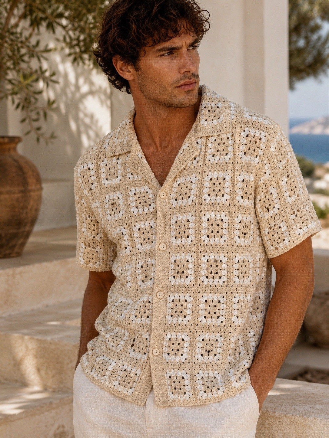 Crochet GrannySquare Resort Shirt Men L Coastal Boho Camp Beige Sandstone Cuban