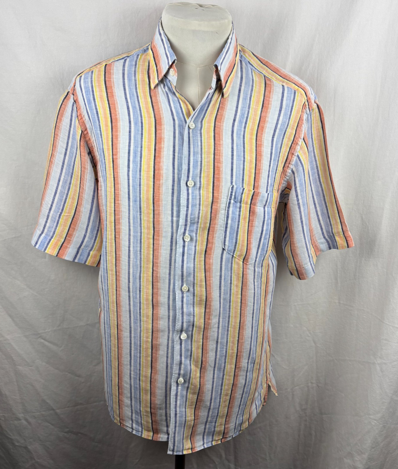 Ermenegildo Zegna 100% Linen Striped Short Sleeve Shirt Multicolor Men’s L Italy