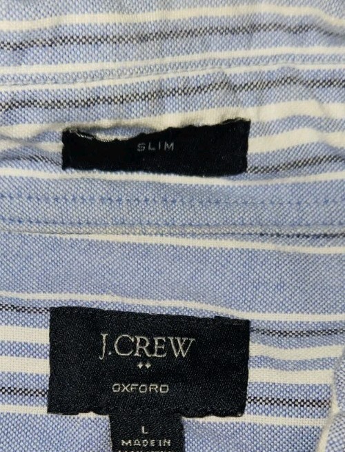 J.CREW Mens L Blue White Striped Cotton Oxford Slim Fit Long Sleeve Button Up