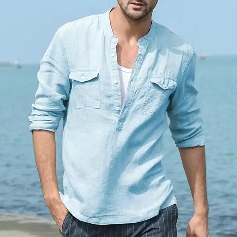 Men’s Cotton Linen Long Sleeve Basic Shirts Pockets Loose Fitting Business Shirt