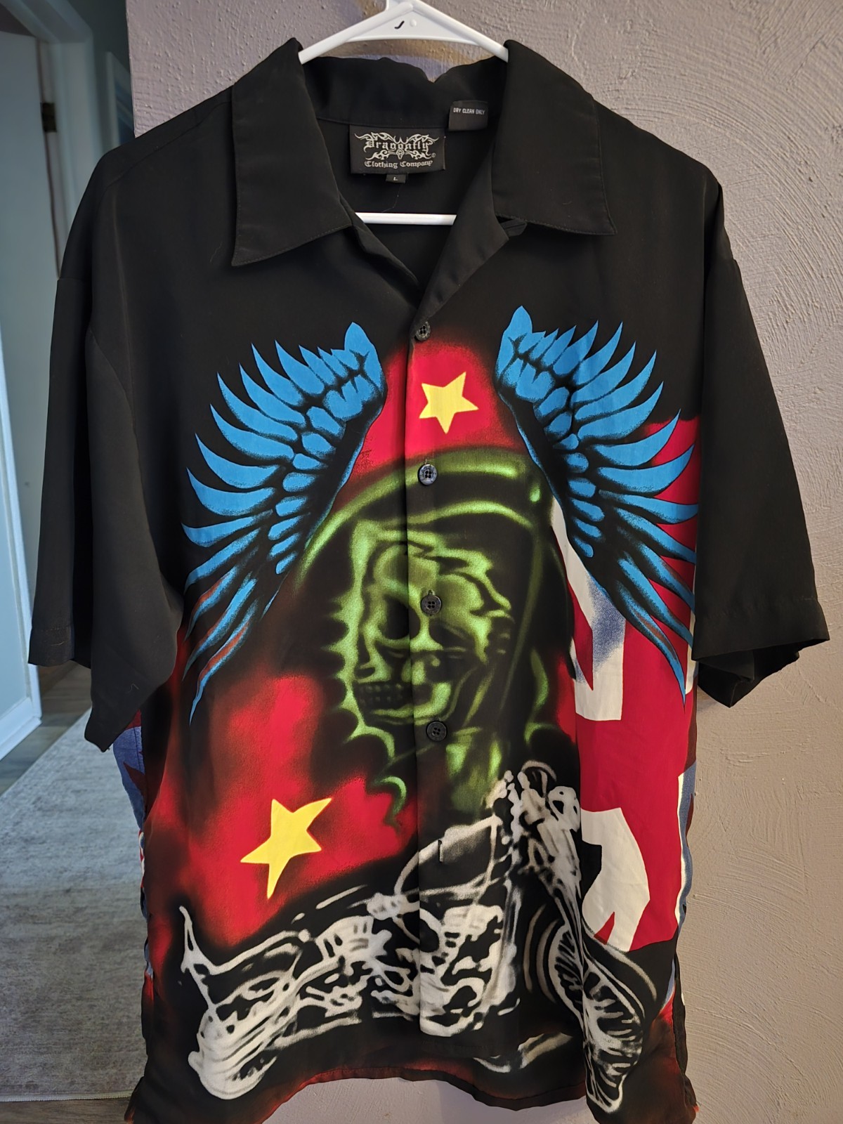 Dragonfly Men’s Short Sleeve Shirt Vintage American Flag, Size L