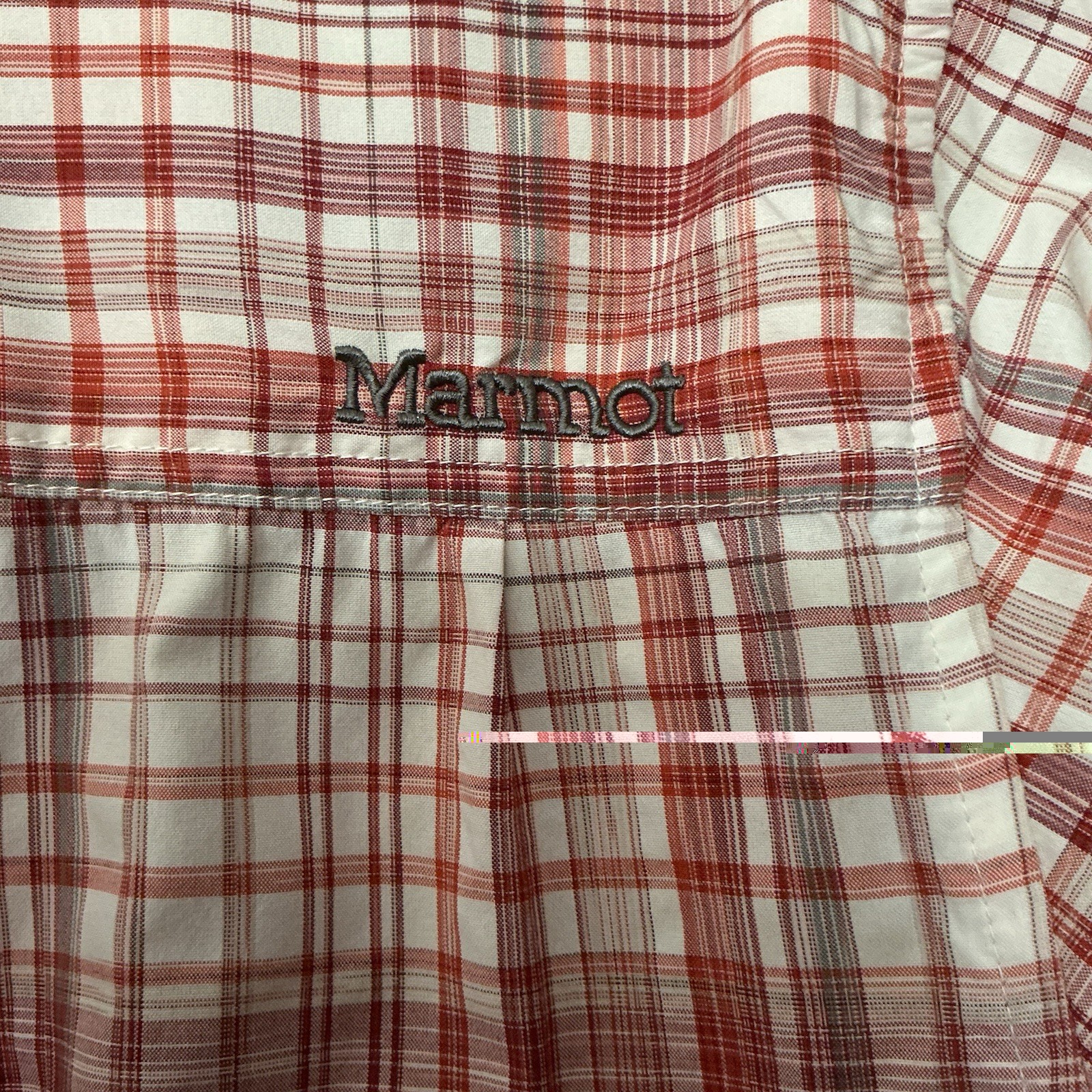 Marmot Men’s Plaid Short Sleeve Button Shirt Sz L Red White Gray Organic Cotton