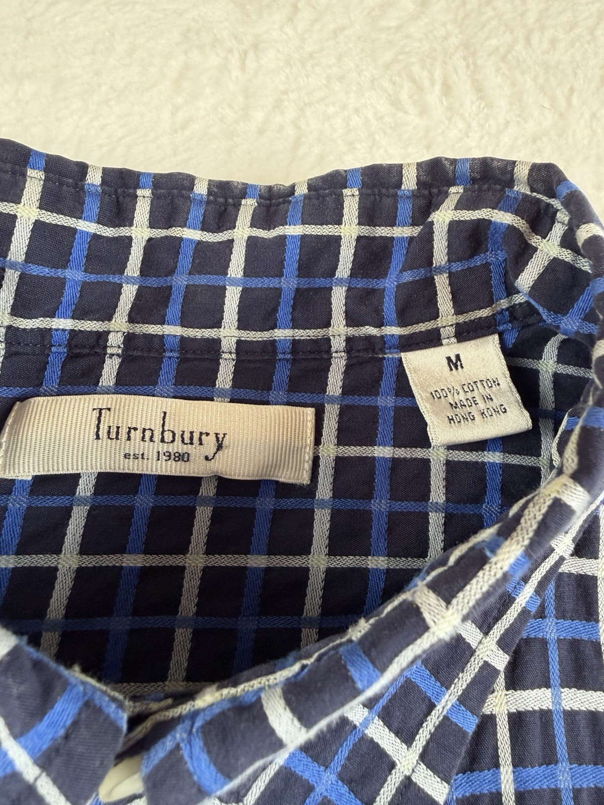 Turnbury Men’s Blue/White Check Button-Up Shirt Short Sleeve Cotton M