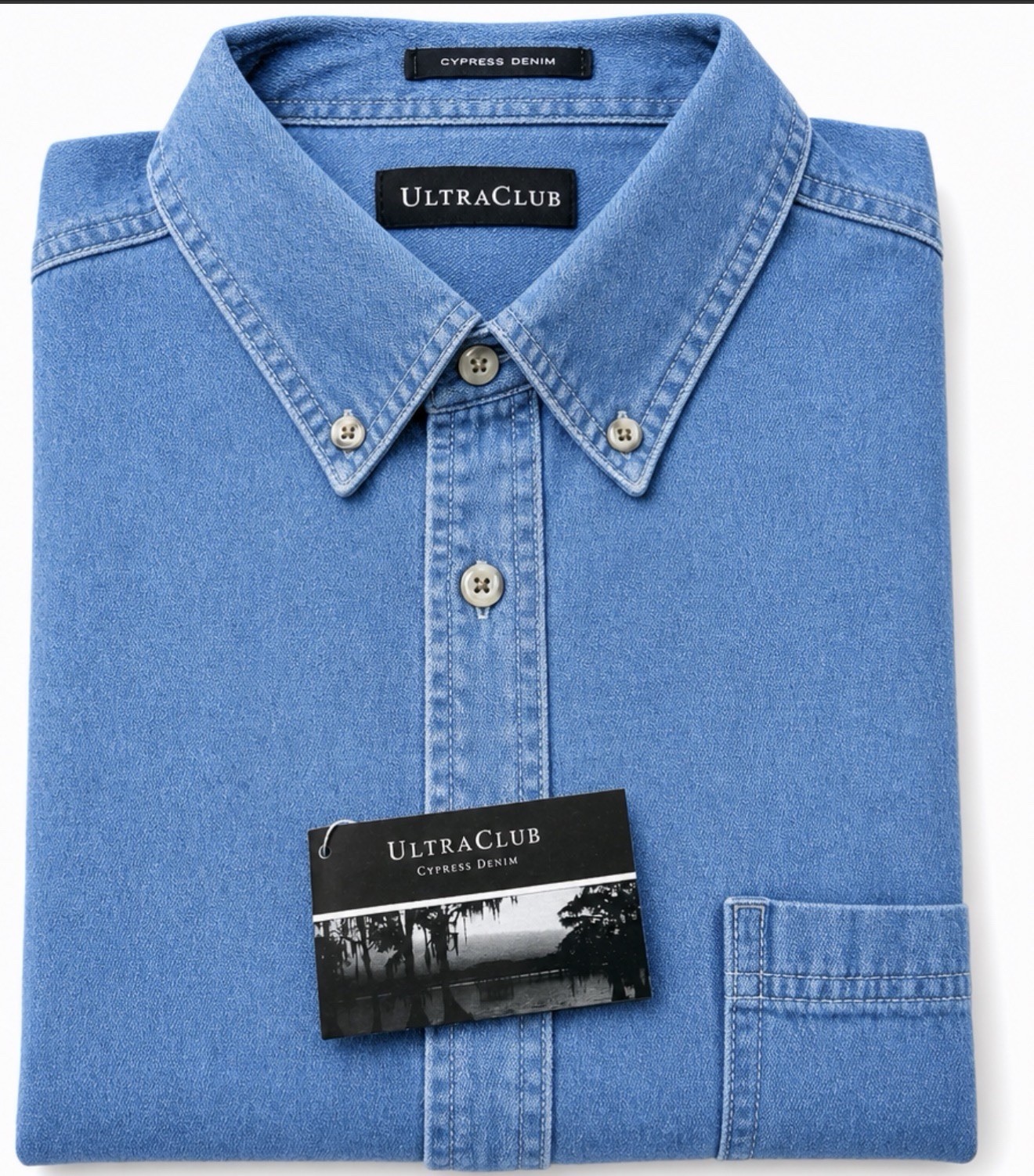UltraClub Men’s Blue Denim Button-Front Shirt XL Long Sleeve Point Collar