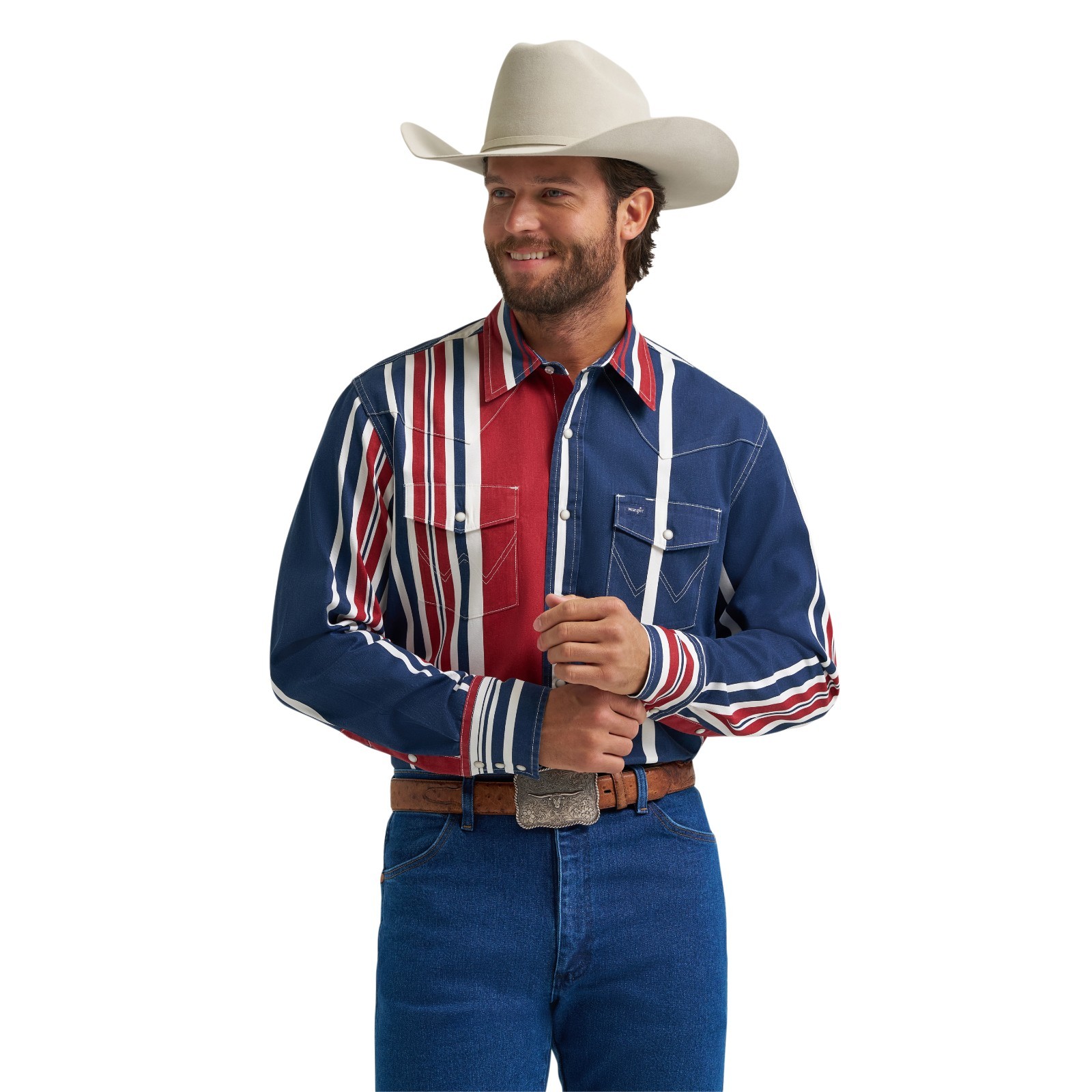Wrangler Men’s Vintage Inspired Blue Multi Stripe Snap Shirt 112375916