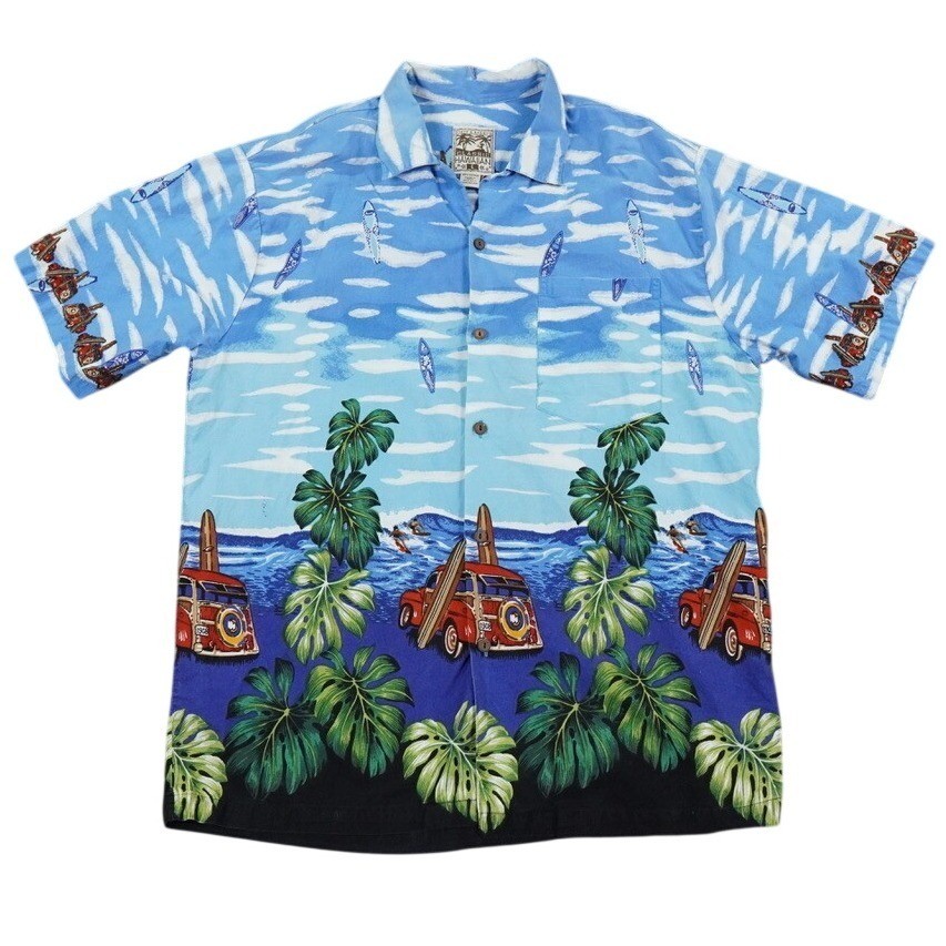 Steve & Barrys Hawaiian Shirt Mens L Blue Woody Surfboards Tropical Cotton VTG