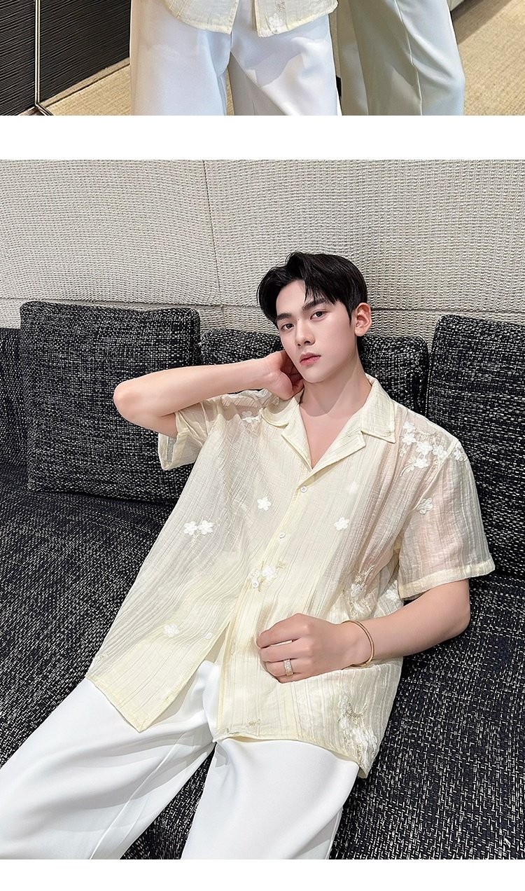 Men’s Lapel embroidery Floral Short Sleeve Summer Loose Perspective Shirt Tops