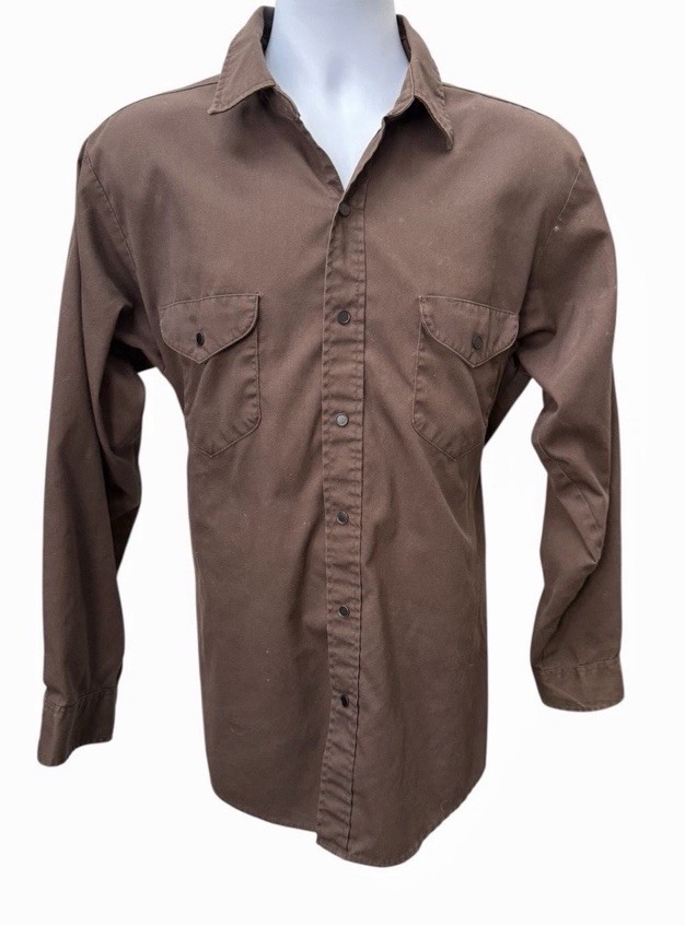 Vtg 70s OshKosh USA Western Snap Shirt Brown L Long Sleeve 45” Chest Workwear