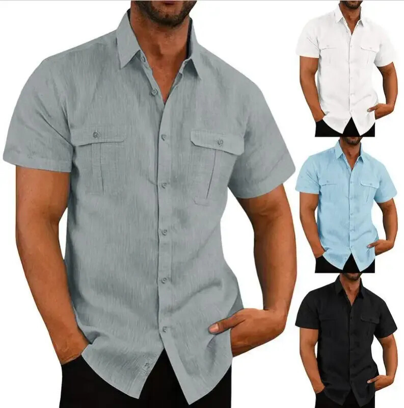 Hot Sale Cotton Linen Men Short-Sleeved Shirts Summer Solid Color Beach Style