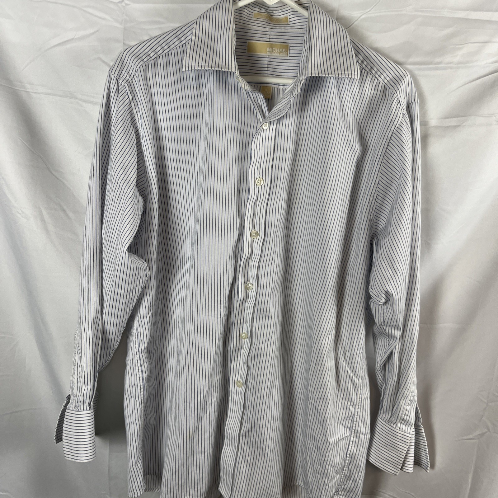 Michael Kors 16 32/33 Large White W/Blue Stripes Airsoft Stretch Button Front