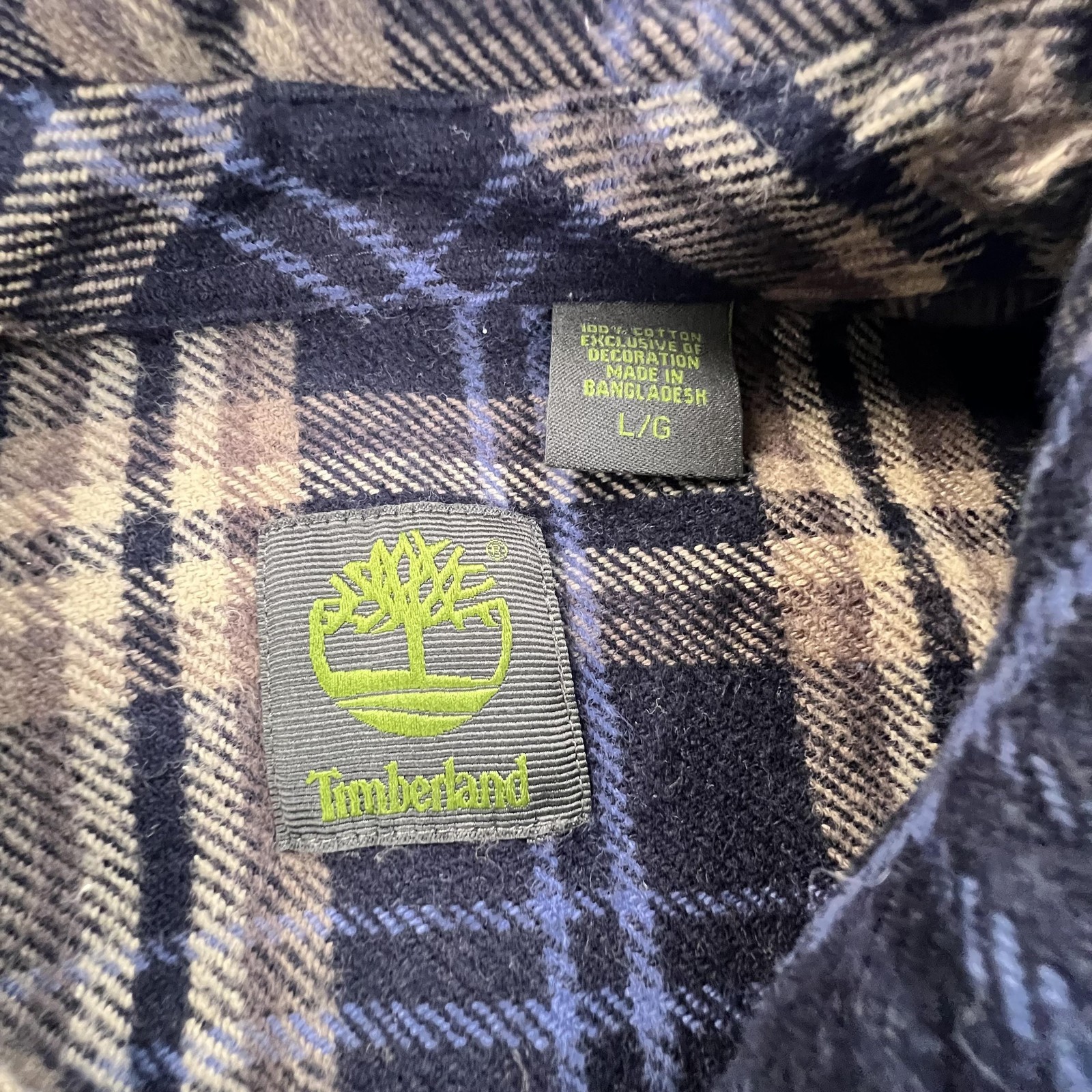 Timberland Flannel Shirt Mens L Blue Tan Plaid Button Front Pockets Casual Camp