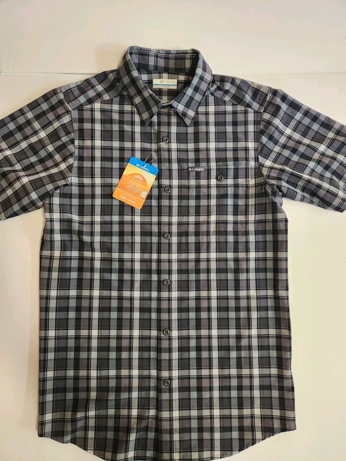 Columbia Men’s Black Plaid Short Sleeve Shirt Fir Ridge XS Omni Shade – New $60