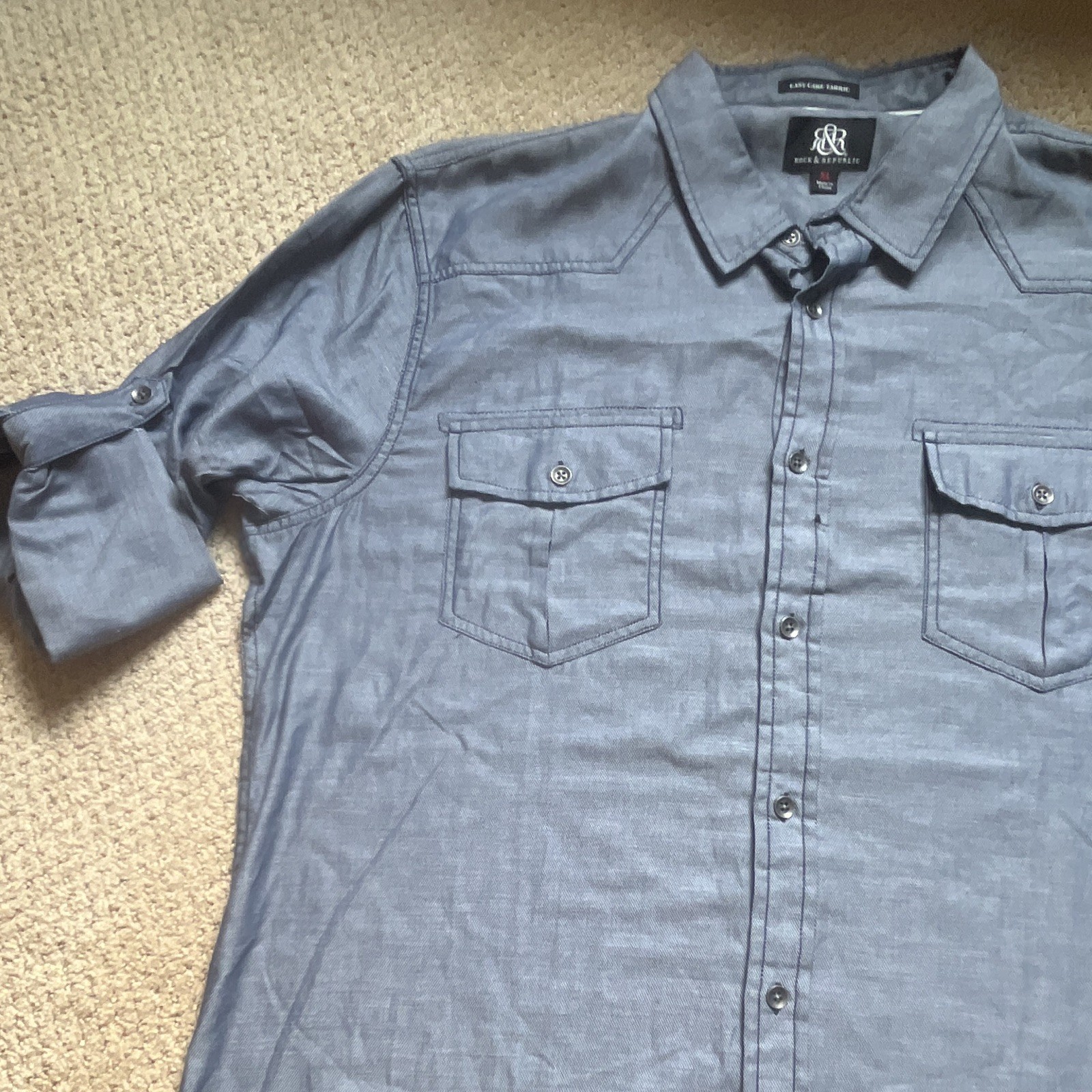 Rock & Republic Easy Care Pockets Men’s Blue Solid Long Sleeve Button-Up XL