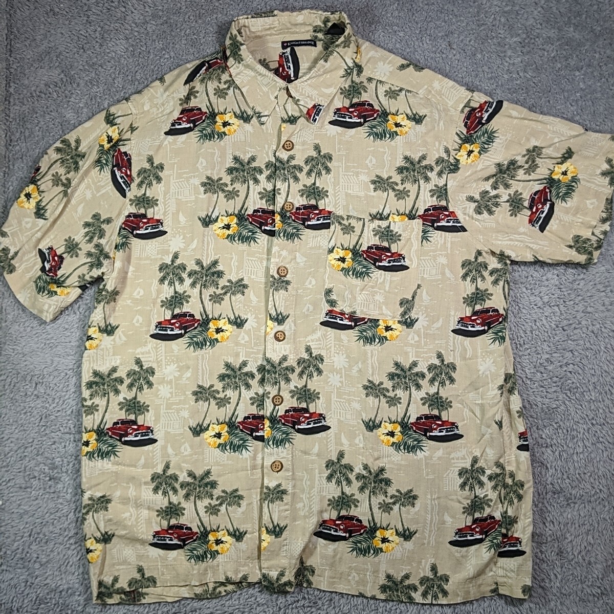 Knightsbridge Vintage Tropical Hawaiian Shirt Classic Cars Palm Trees Size XL