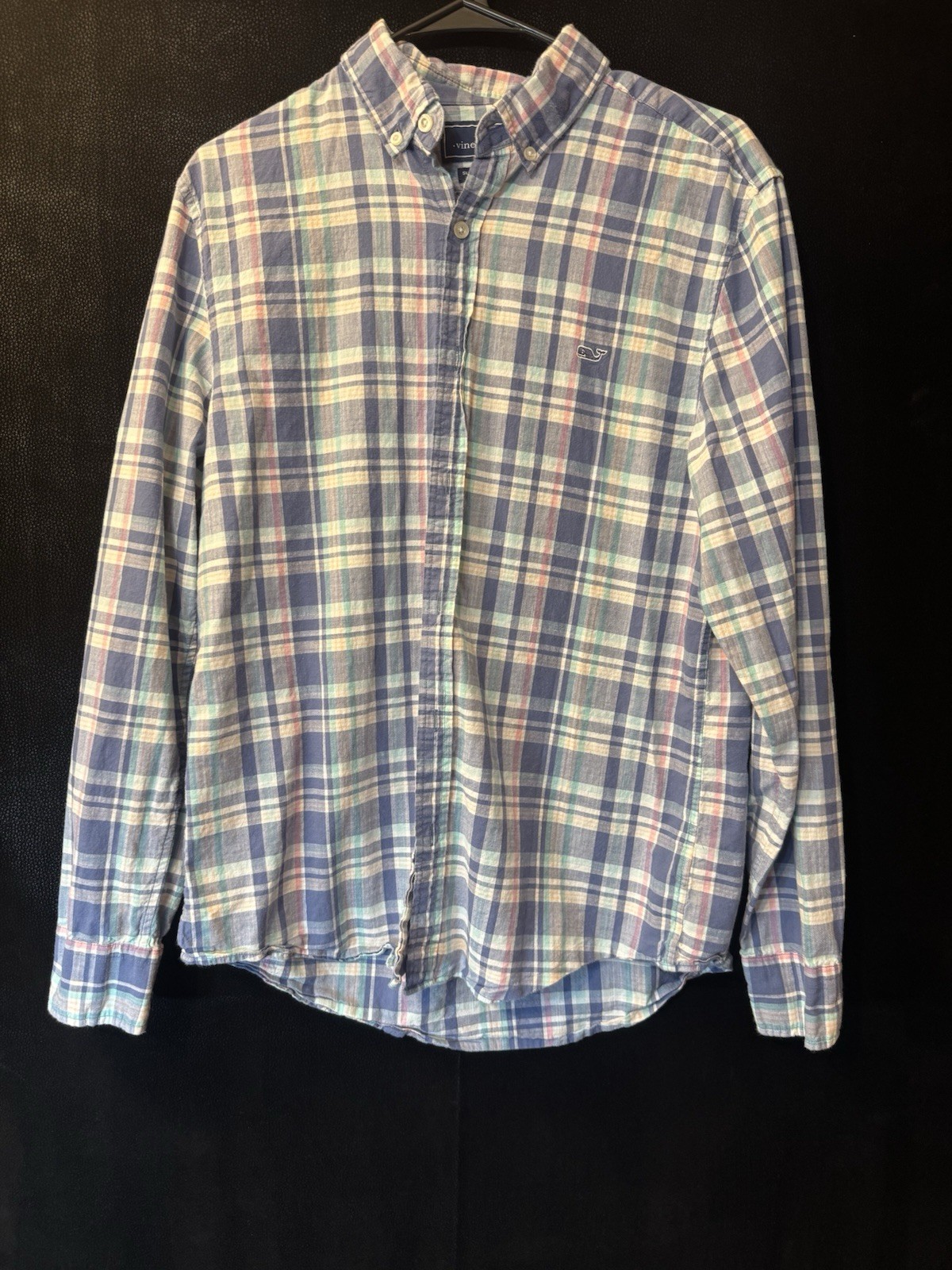 Vineyard Vines Whale Shirt Men Small Blue Plaid Button Down Slim Fit Cotton FLAW