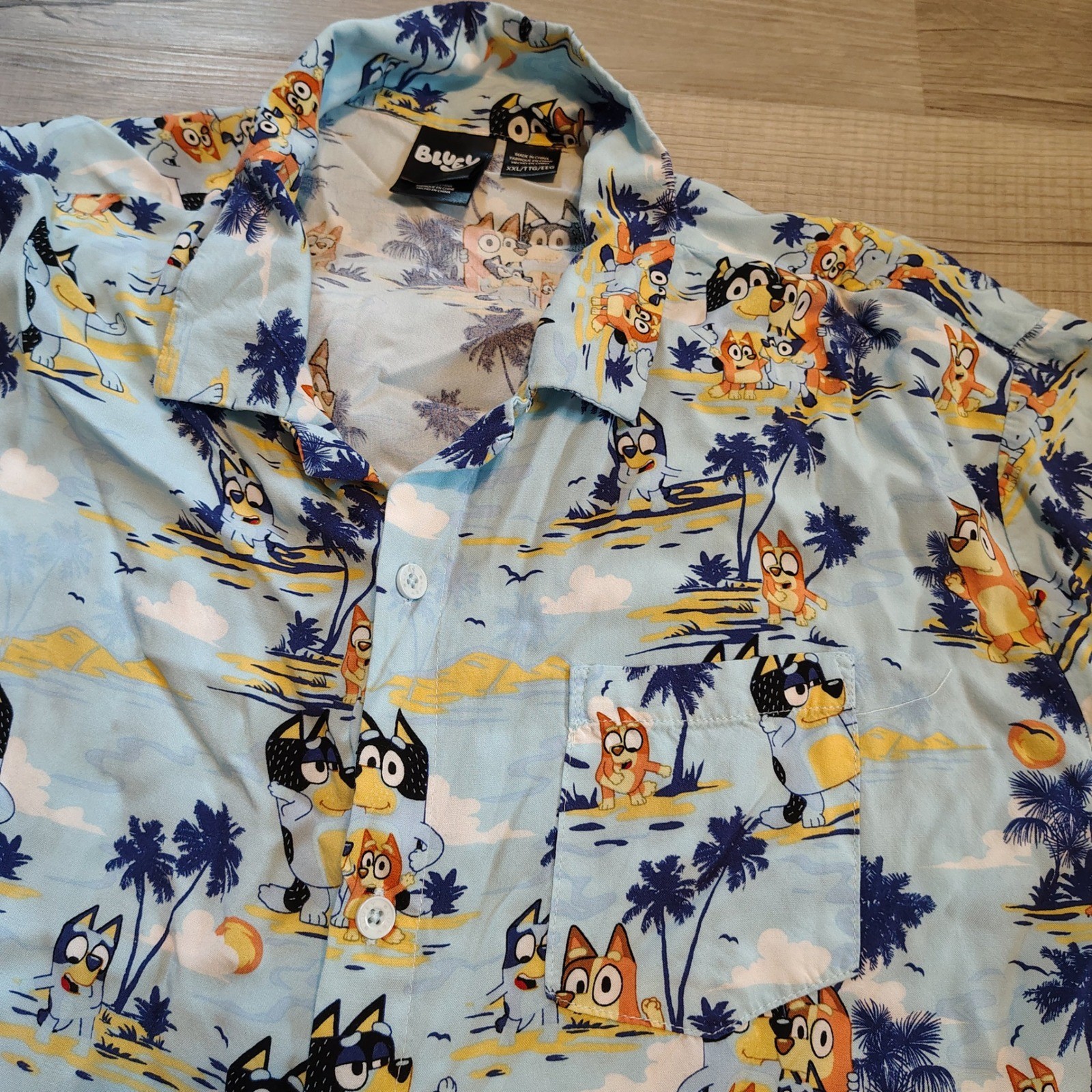 Bluey Mens Tropical Beach Button Down Shirt Blue XXL All Over Print Short Sleeve