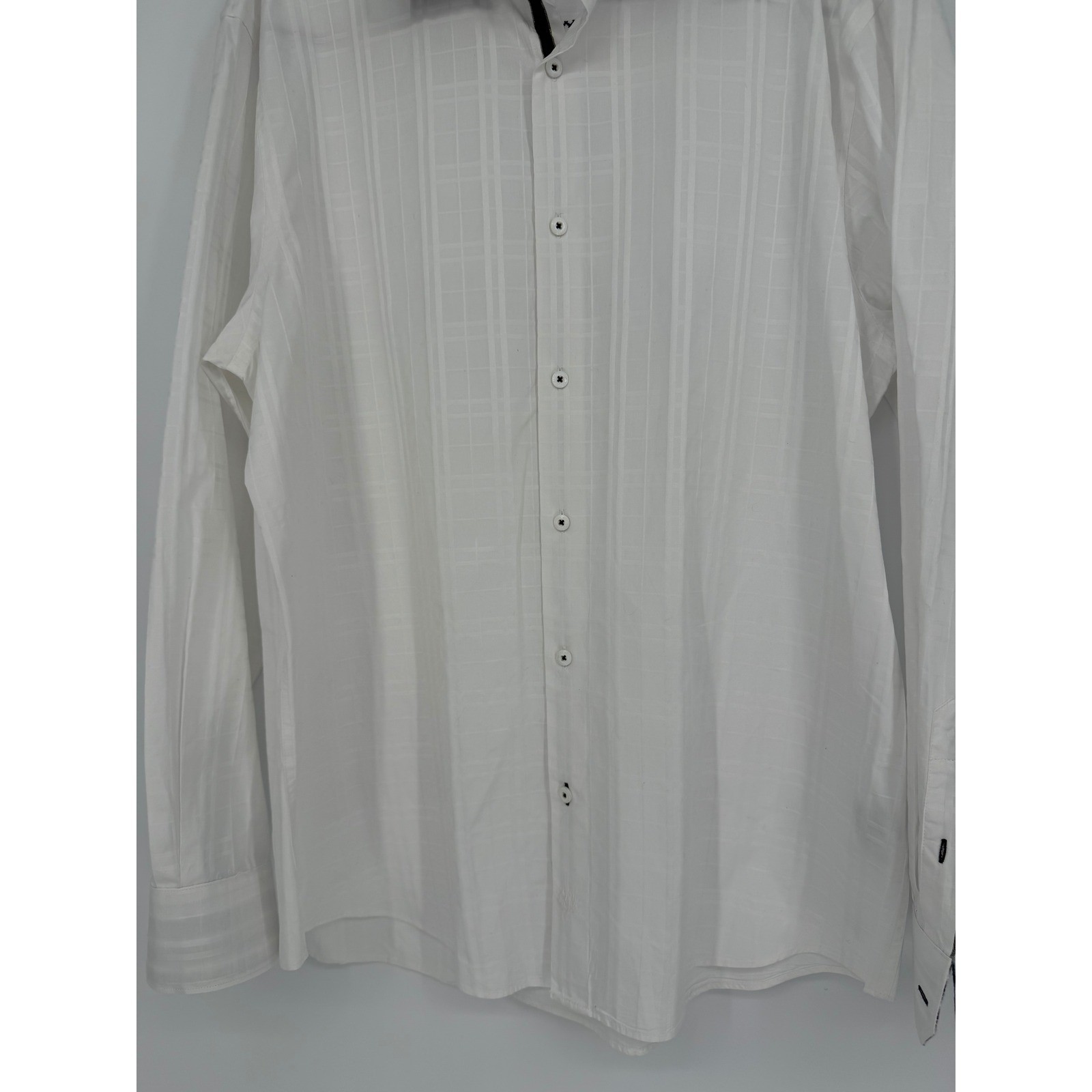 Bugatchi Uomo Men’s White Tonal Plaid Long Sleeve Button Down Shirt Shaped Fit
