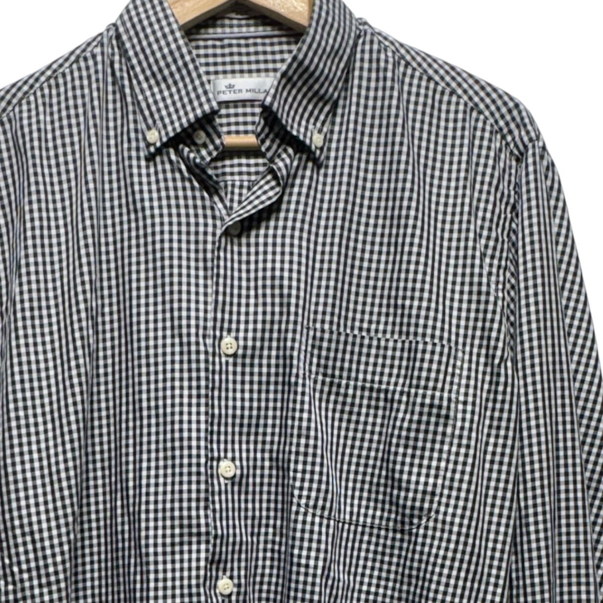 Peter Millar Crown Soft Gingham Shirt Mens Black White Cotton Silk 34.5 Sleeve