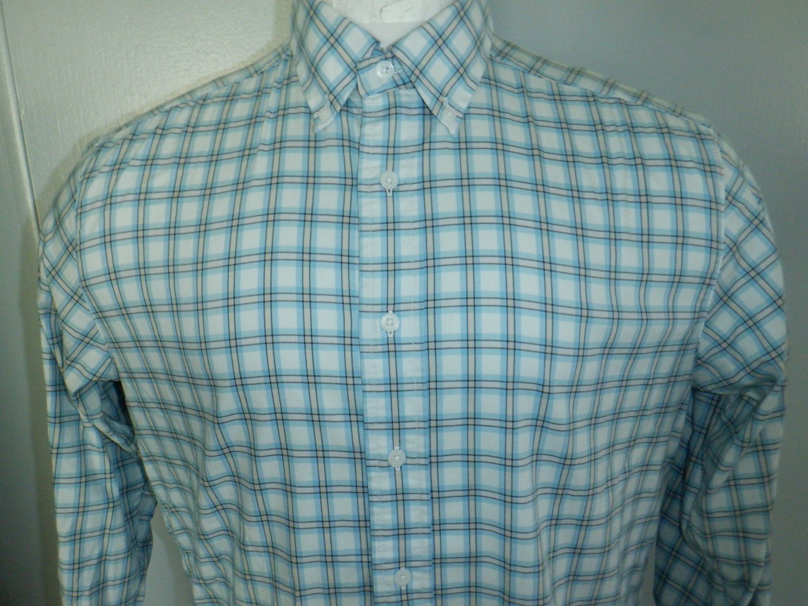 Men’s FJ FootJoy sz Medium Blue & White Check Nylon/Spandex Blend LS Shirt