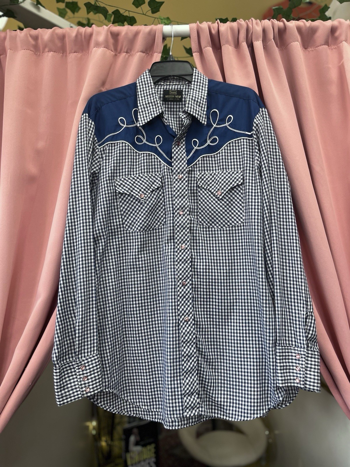 Vintage Sears Western Wear Blue Gingham Long Sleeve Button Up Shirt / Men’s XL