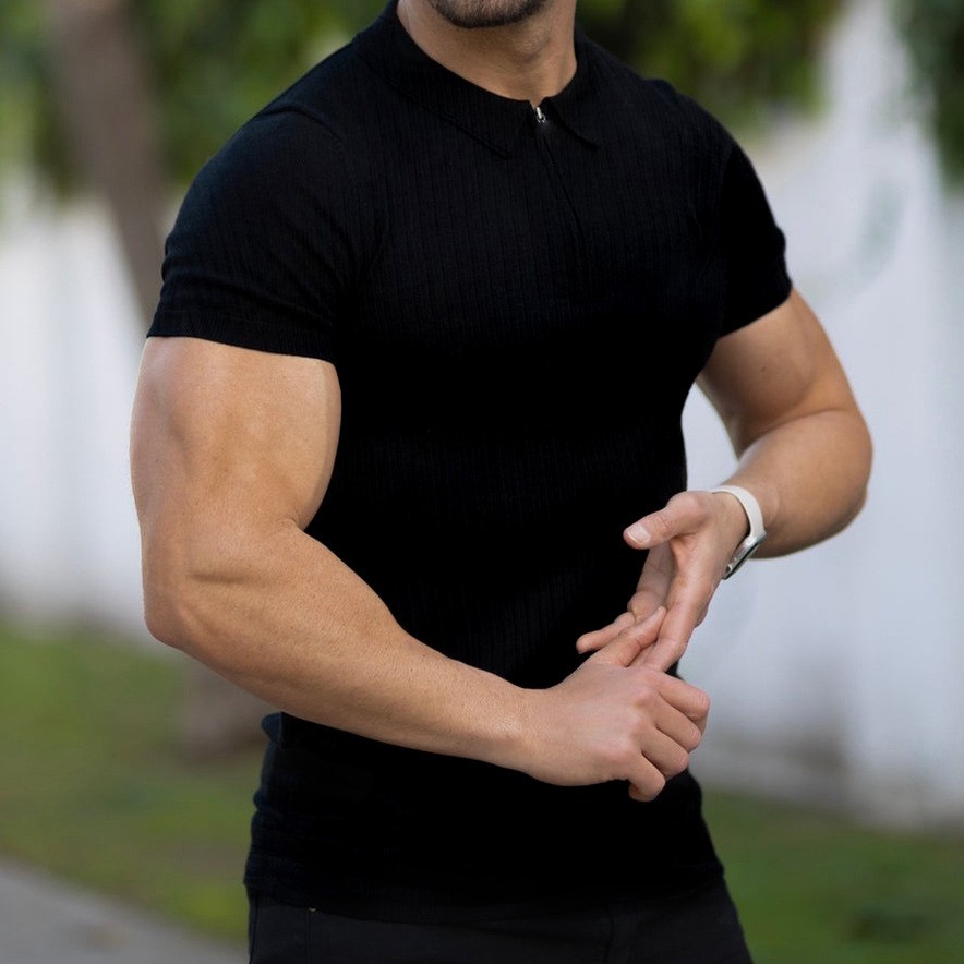 Summer Men’s Zip Vertical Stripe Stretch Athletic Polo