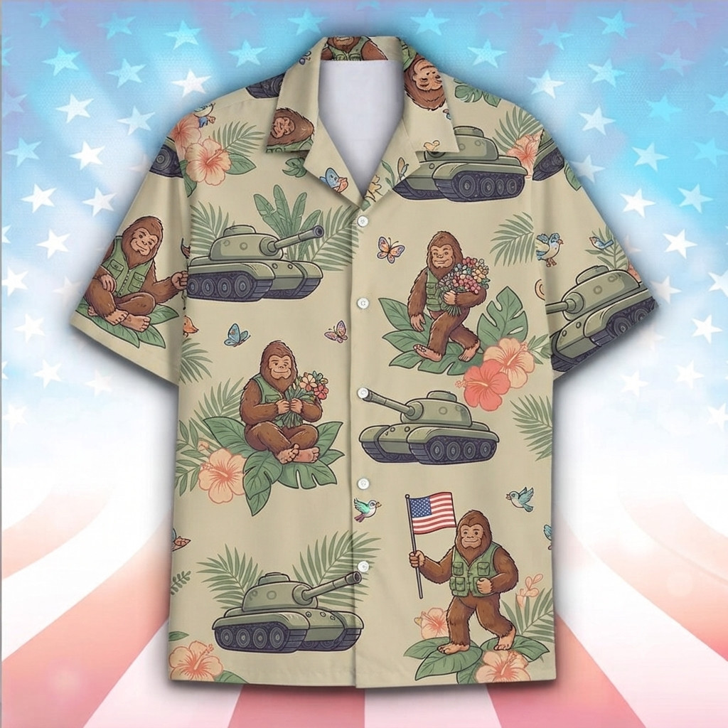 Bigfoot Military Tank With American Flag, Flowers Hawaiian Shirt, Friends Gift