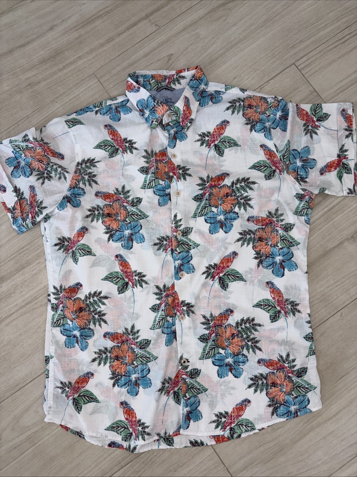 IZOD Saltwater Mens L White Hawaiian Shirt Boat Short Sleeve Button-Up Cotton