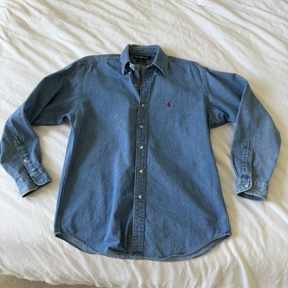 Vintage 90’s Ralph Lauren Polo Shirt Medium Blue Blake Denim Button Up Red Pony