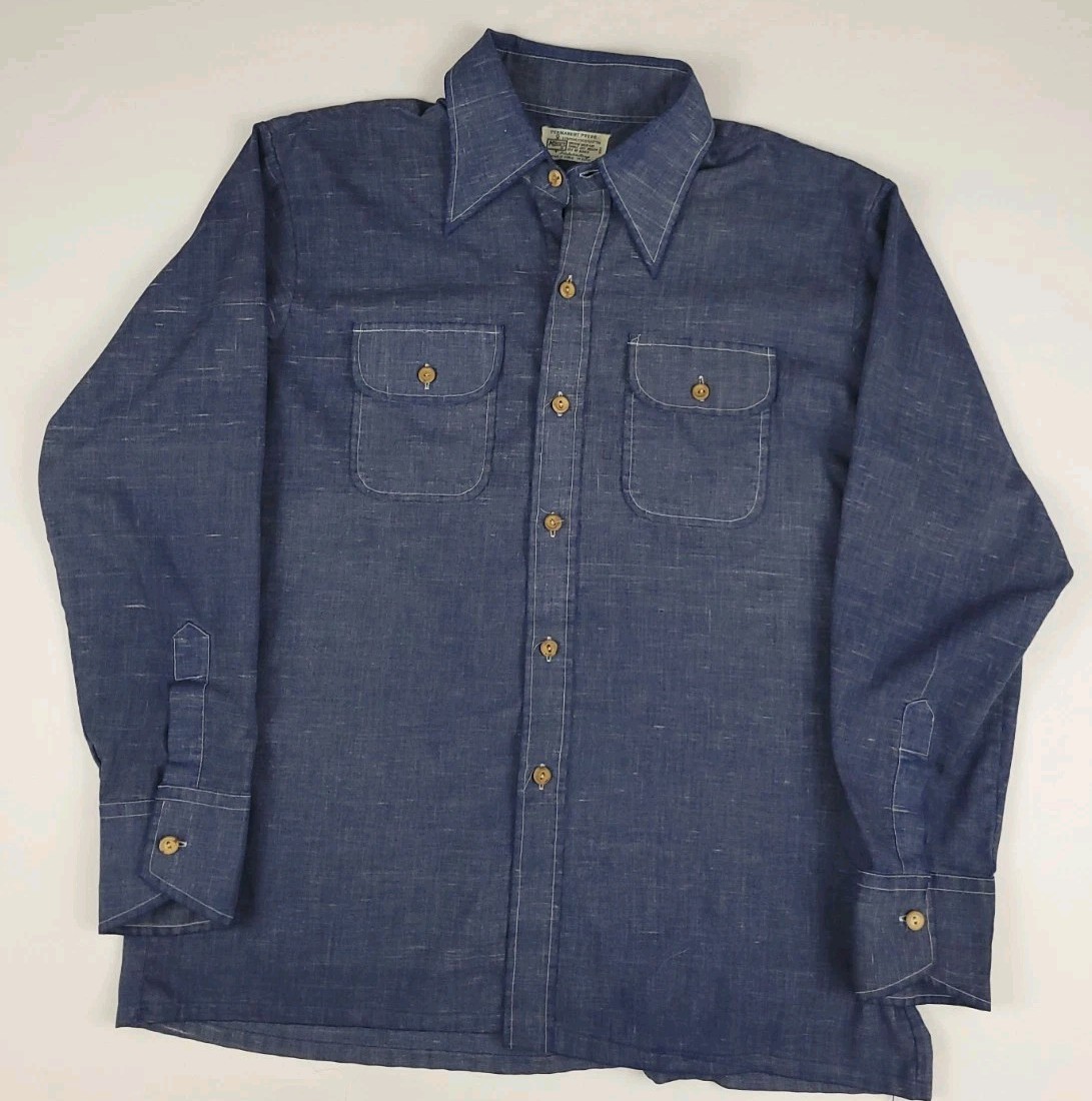 Vintage 70s K Mart Cotton Blend Denim Blue Wash Shirt Wood Buttons Rare USA Vtg