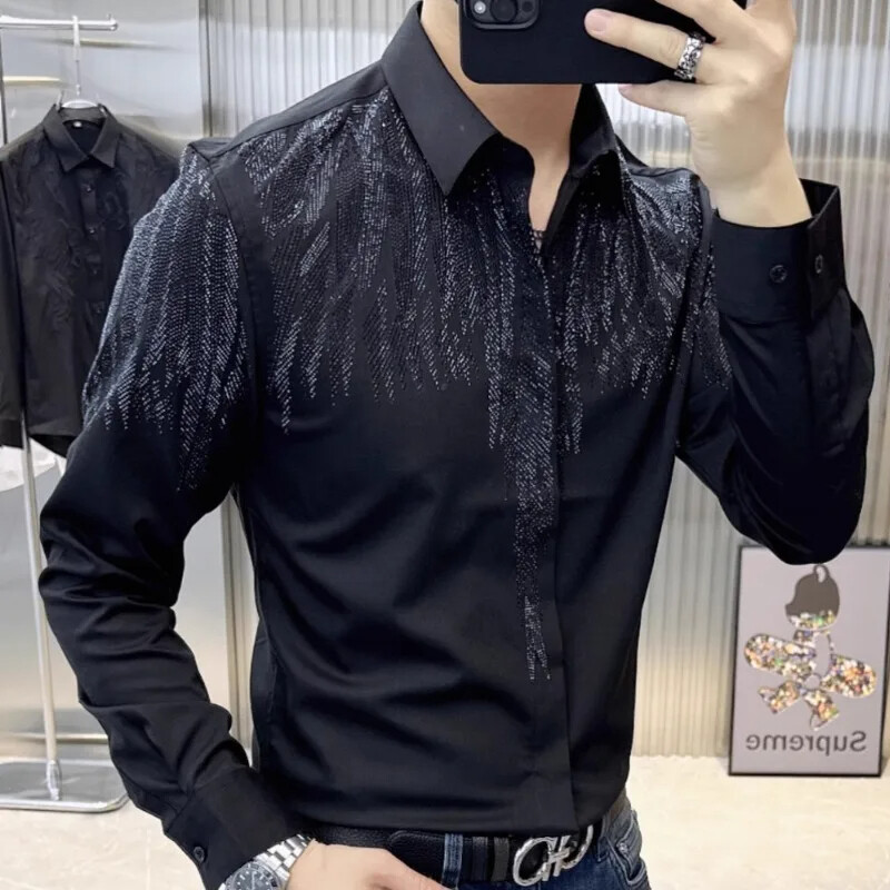 New Luxury Men Diamond Rhinestones Fashion Button-Down Shirt High Quality