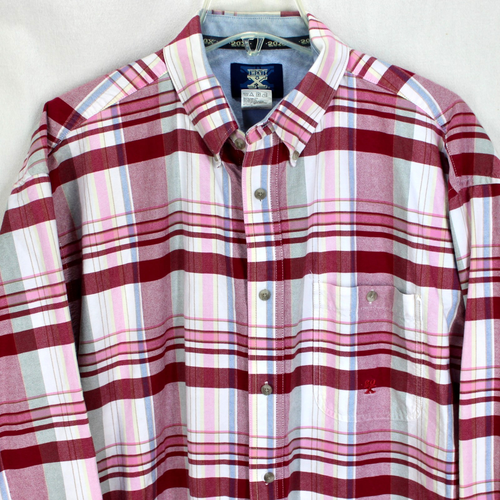 Wrangler 20X Plaid Shirt Mens Size XL Pink White Long Sleeve Cotton Western