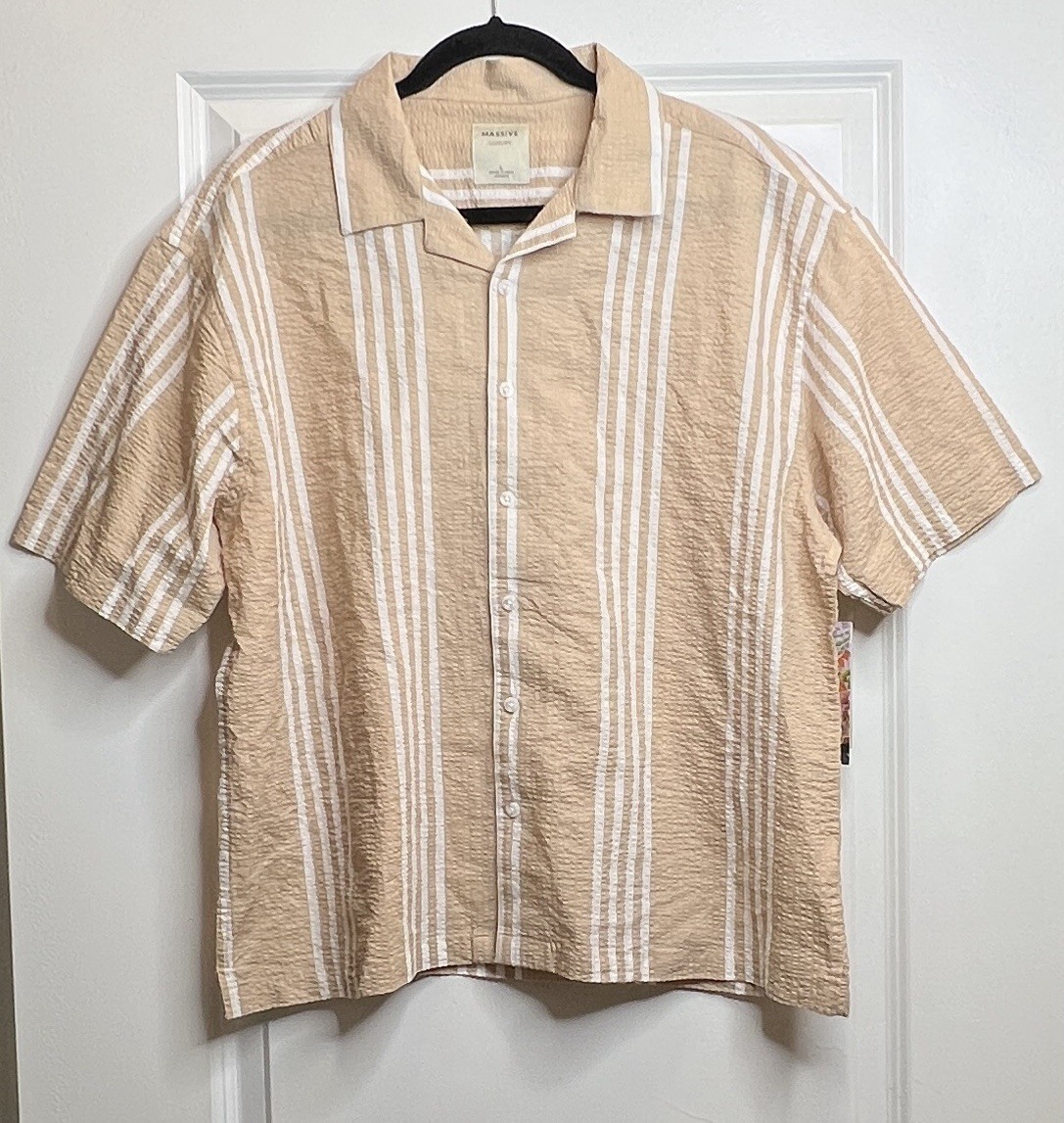 NWT Massive Luxury Mens L Button Up Shirt Tan Striped Cotton Resort Camp Collar