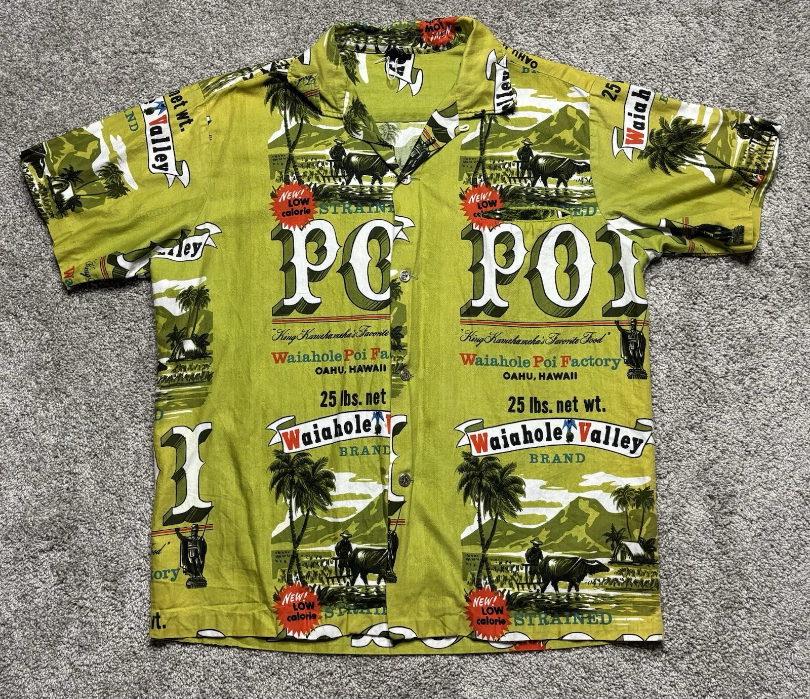 VTG Waiahole Poi Factory Hawaiian Holiday Sportswear Button Shirt Mens Food Oahu