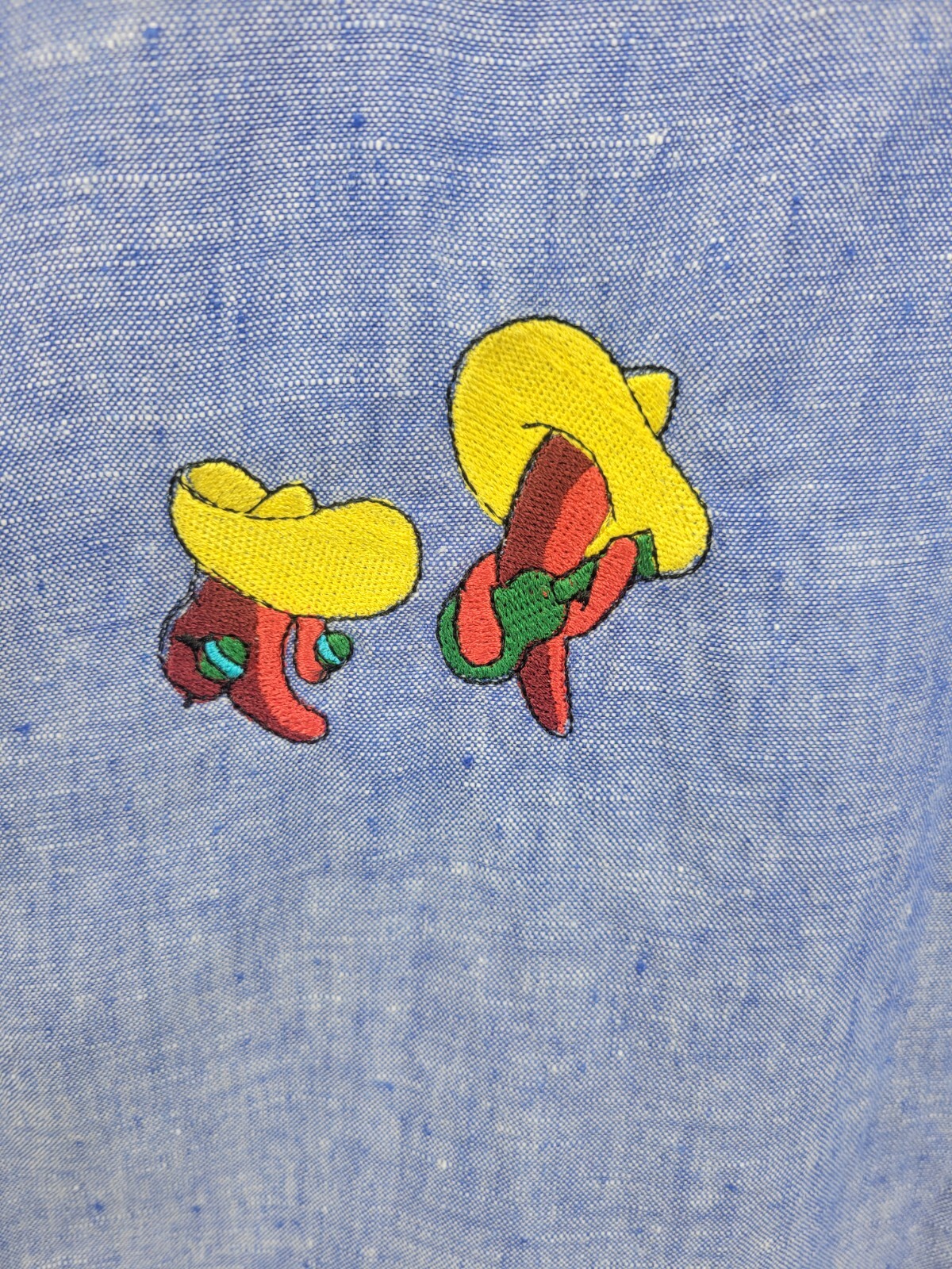 Lands End Shirt Ment Blue Linen Short Sleeve Embroidered Musical Chili Peppers