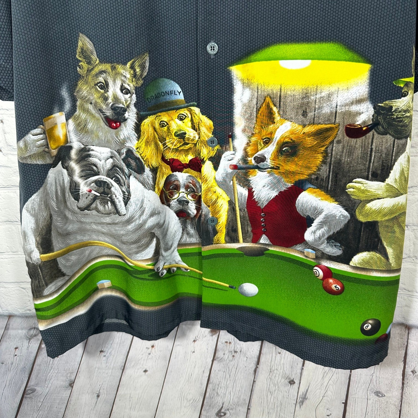 Dragonfly Clothing Co Mens XL Dogs Playing Pool Button Down Shirt Charcoal Grey