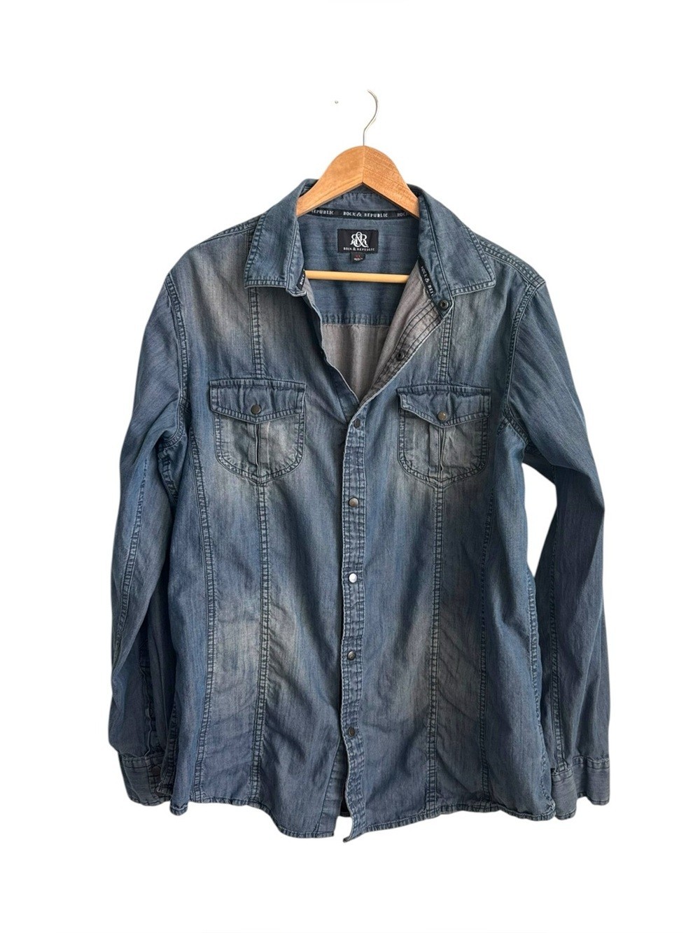 Rock & Republic Faded Denim Snap Button Western Shirt Men’s XL Blue
