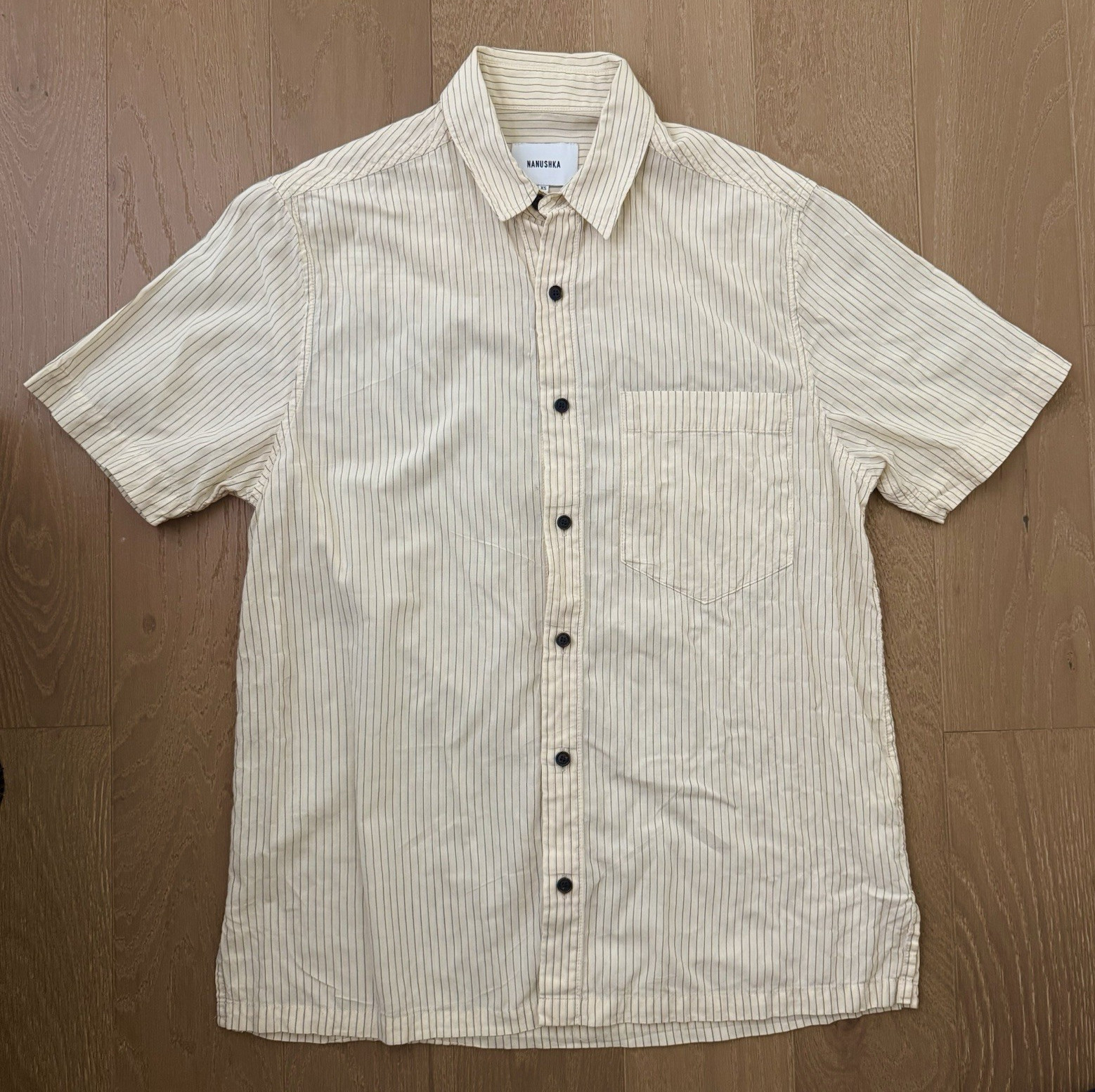Nanushka Short Sleeve Button-Up Shirt – XS – Pale Yellow Pinstripe