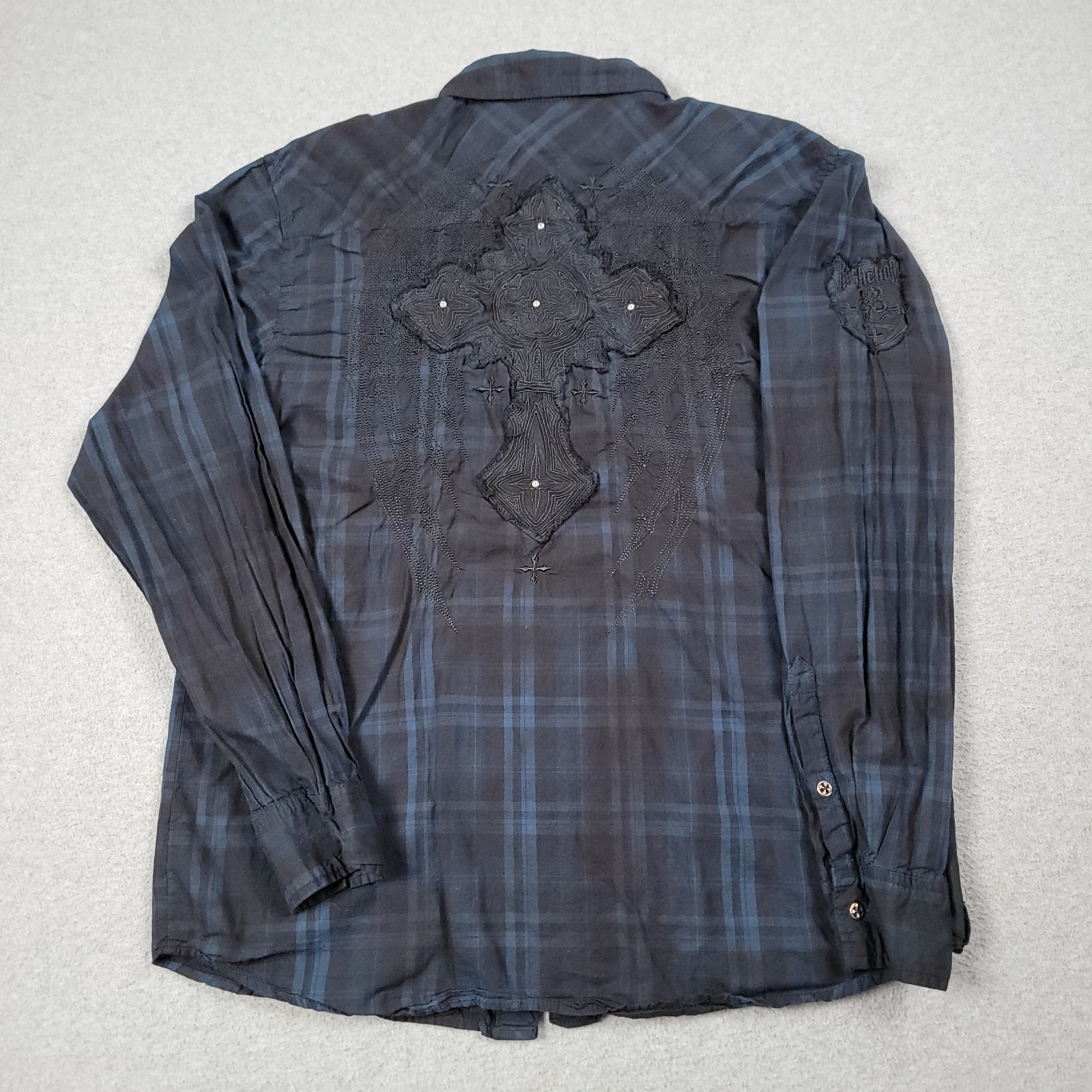 Affliction Shirt Men XL Black Blue Plaid Embroidered Studded Cross Skull Grunge
