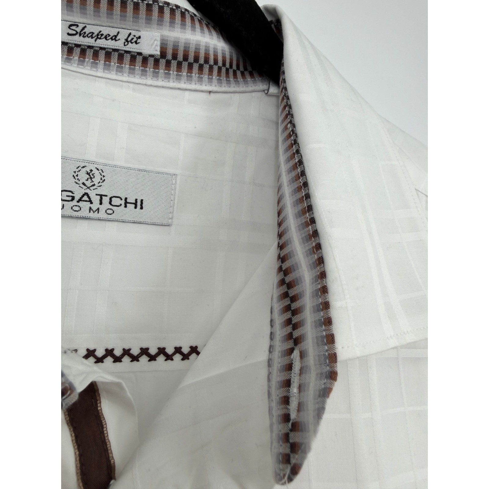 Bugatchi Uomo Men’s White Tonal Plaid Long Sleeve Button Down Shirt Shaped Fit